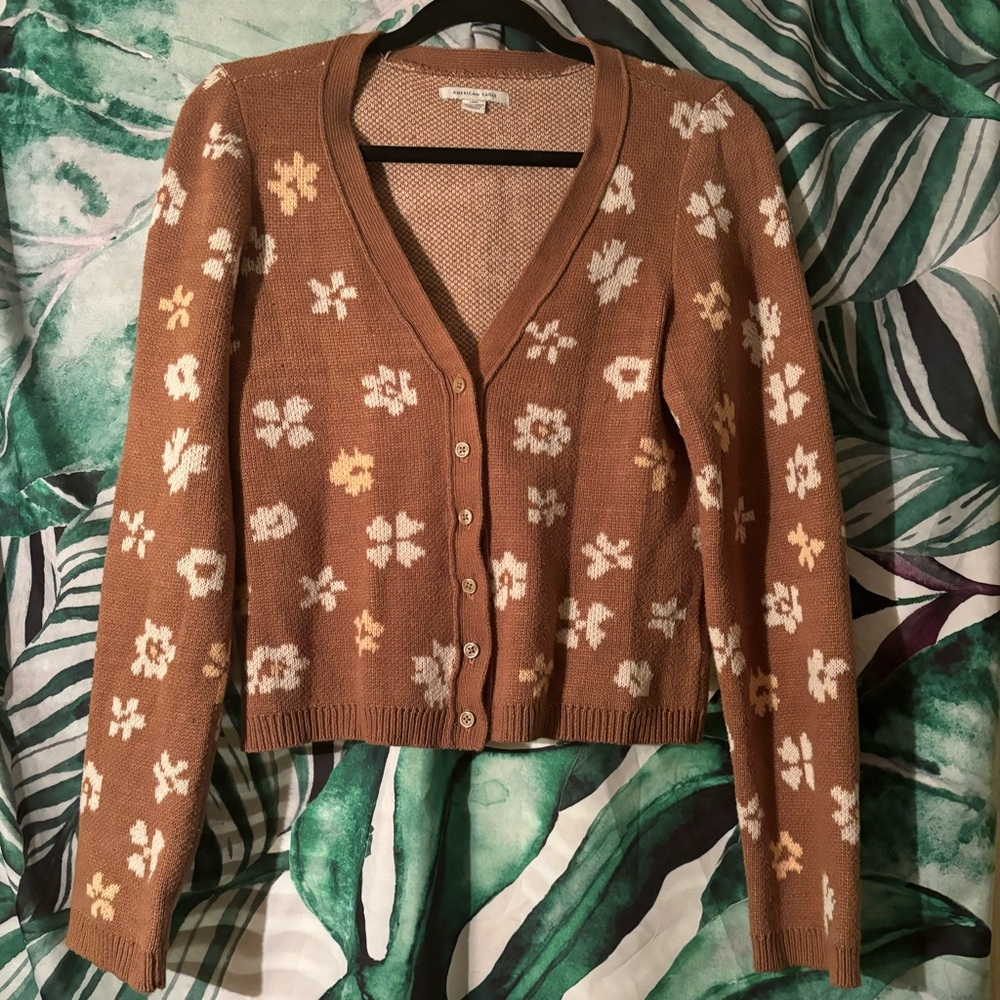 American Eagle Outfitters Brown and White Floral Cardigan